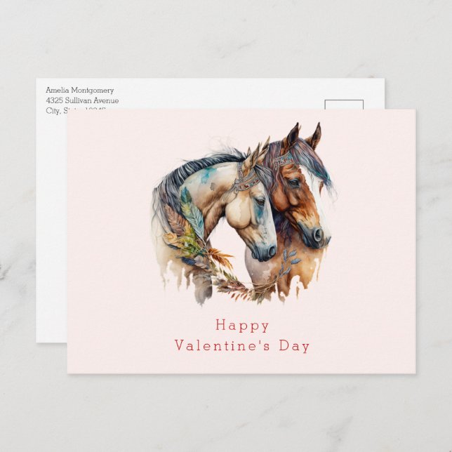 Two Horses with Feather Décor Valentine's Day Holiday Postcard (Front/Back)