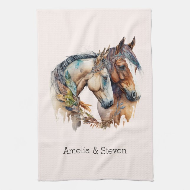 Two Horses with Feather Decorations Boho Tea Towel (Vertical)