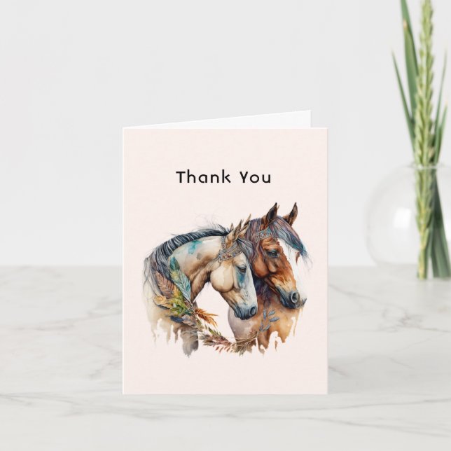 Two Horses with Feather Decorations Boho Thank You Card (Front)