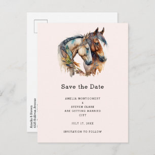 Two Horses with Feather Decorations Boho Wedding Announcement Postcard