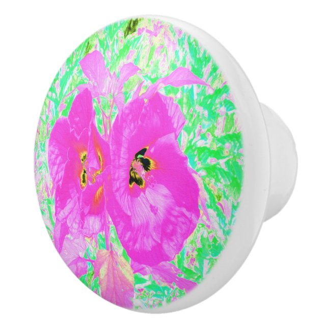 Two Hot Pink Plum Crazy Hibiscus on Lime Green Ceramic Knob (Right)