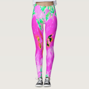 Two Hot Pink Plum Crazy Hibiscus on Lime Green Leggings