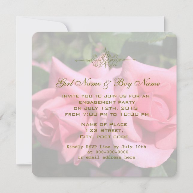 Two hot pink rose flower engagement party invitation (Front)
