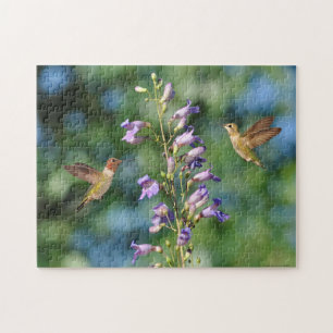 Two Hummingbirds in Flight With Flower Jigsaw Puzzle