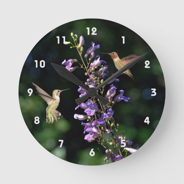 Two Hummingbirds In Flight With Flowers Wall Clock (Front)