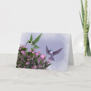 Two Hummingbirds & Pink Bush Blank Greeting Card