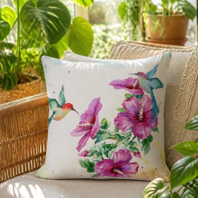 Two Hummingbirds Watercolor Throw Pillow (Creator Uploaded)