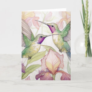 Two hummingbirds with a peach Iris Thank You Card