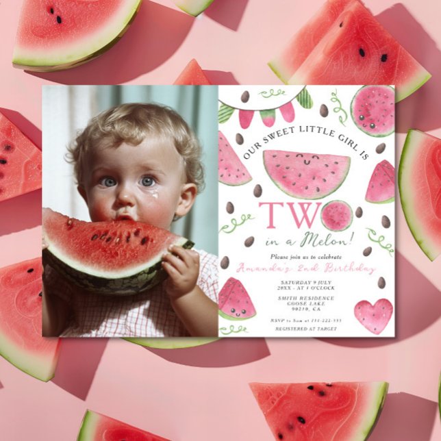 Two in a Melon Cute Watermelon Girl 2nd Birthday Invitation (Creator Uploaded)