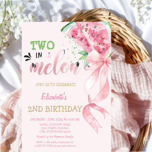 Two In A Melon Watermelons Pink Bow 2nd Birthday   Invitation