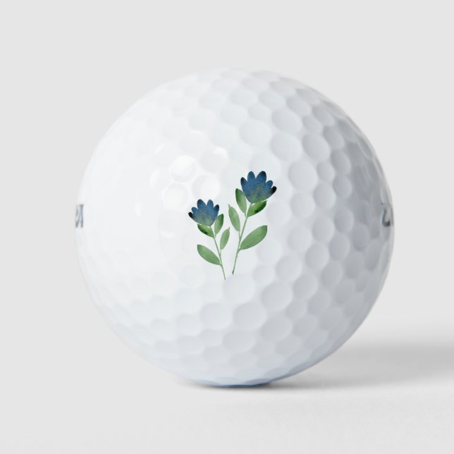 Two Indigo Blue Green Watercolor Flowers Golf Balls (Front)