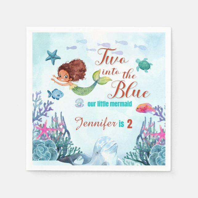 Two into the Blue Brown Mermaid Girls 2nd birthday Napkin (Front)