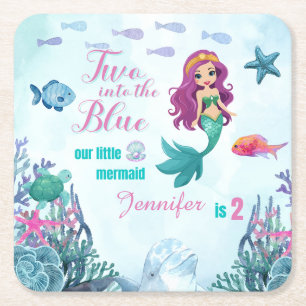 Two into the Blue Purpl Mermaid Girls 2nd birthday Square Paper Coaster