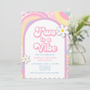 Two is a Vibe Groovy, Retro Girl Pastel Colours Invitation