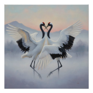 Two Japanese cranes in a graceful dance Poster