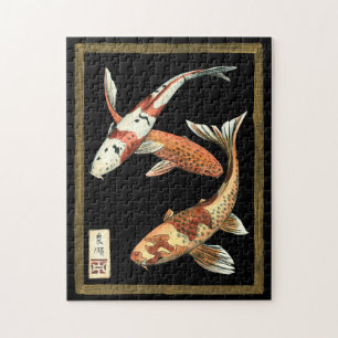 Two Japanese Koi Goldfish on Black Background Jigsaw Puzzle