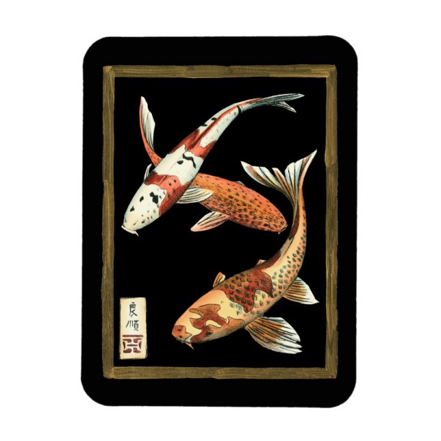 Two Japanese Koi Goldfish on Black Background Magnet (Vertical)