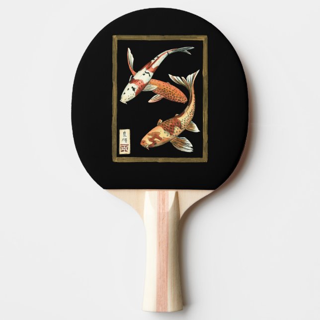 Two Japanese Koi Goldfish on Black Background Ping Pong Paddle (Front)