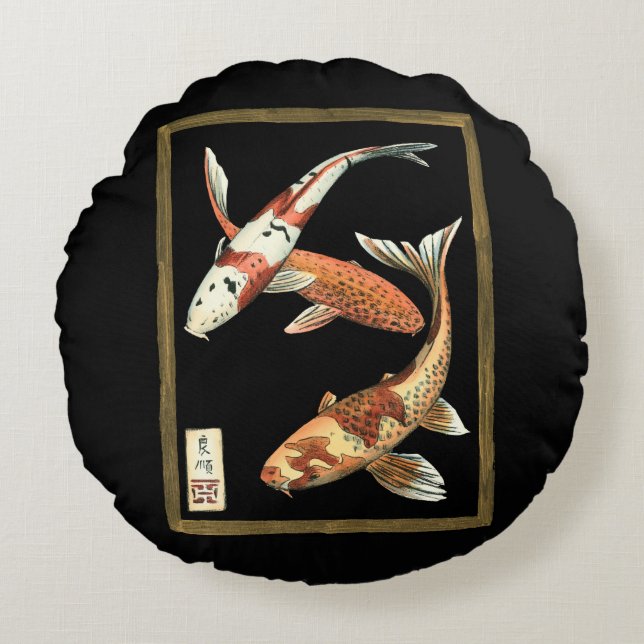 Two Japanese Koi Goldfish on Black Background Round Cushion (Front)