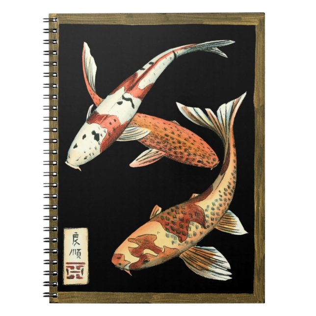 Two Japanese Koi Goldfish on Black Background Spiral Notebook (Front)