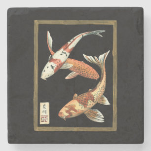 Two Japanese Koi Goldfish on Black Background Stone Coaster