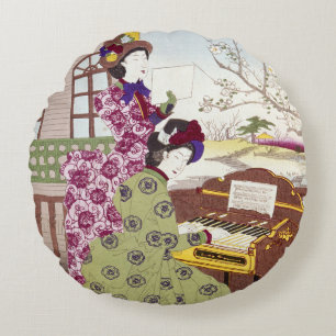 Two Japanese Ladies, C1890 Round Cushion