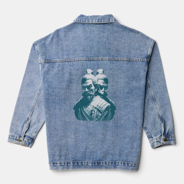 Two Japanese Samurai Statues Design Denim Jacket (Back)