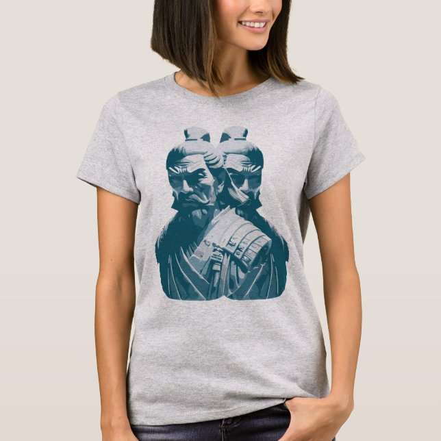 Two Japanese Samurai Statues Design T-Shirt (Front)