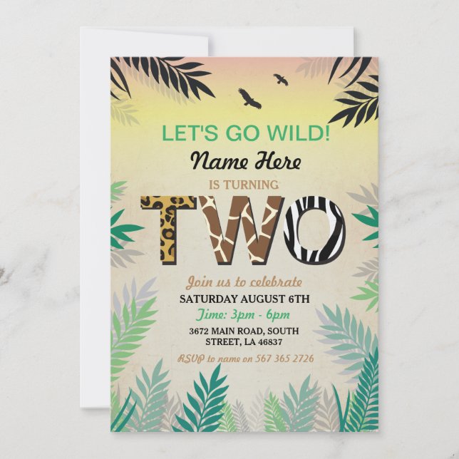 Two Jungle 2nd Birthday Party Safari ZOO Invite (Front)