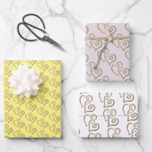 Two Khaki Coloured Linked Hearts Pattern Wrapping Paper Sheet
