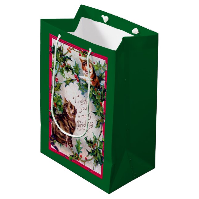 Two Kittens and Christmas Holly Medium Gift Bag (Front Angled)
