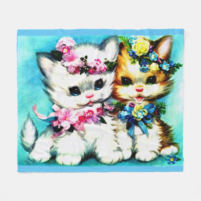 two kittens and lots of flowers fleece blanket (Front (Horizontal))
