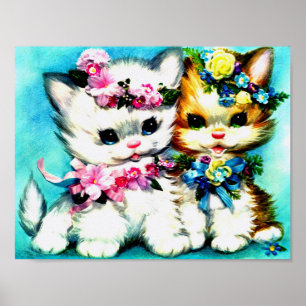 two kittens and lots of flowers poster