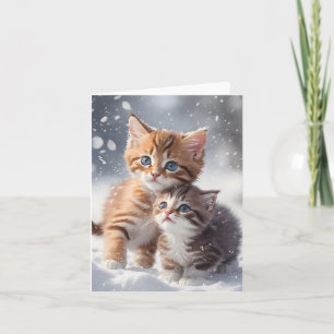Two Kittens in Snow Winter Cat Art Blank Greeting  Card