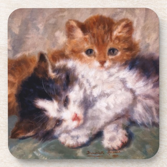 Two Kittens Snuggle by Henriëtte Ronner-Knip Coaster (Front)