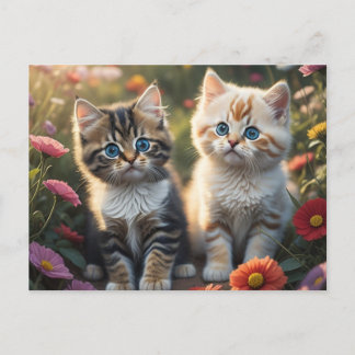 Two kittens with flowers postcard