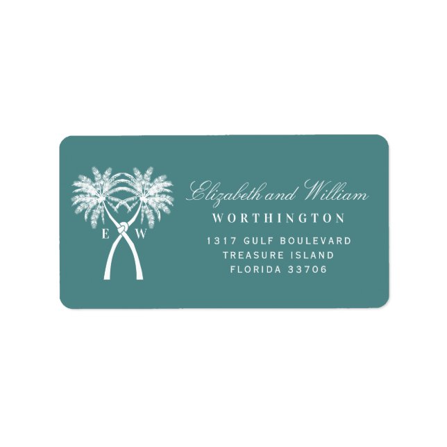 Two Knotted Palm Trees Tropical Wedding Address Label (Front)