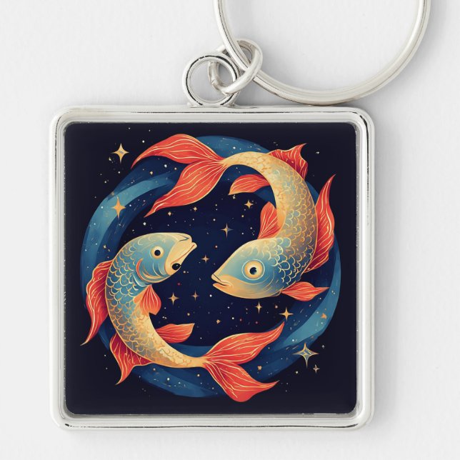 Two Koi Fish Swimming Under Starry Night Sky Key Ring (Front)