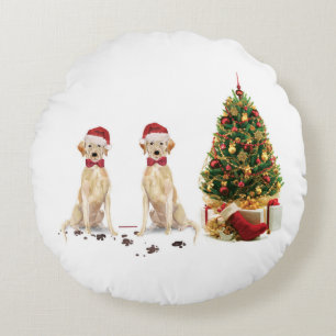 Two Labrador Retrievers Funny Christmas Dog Round Cushion