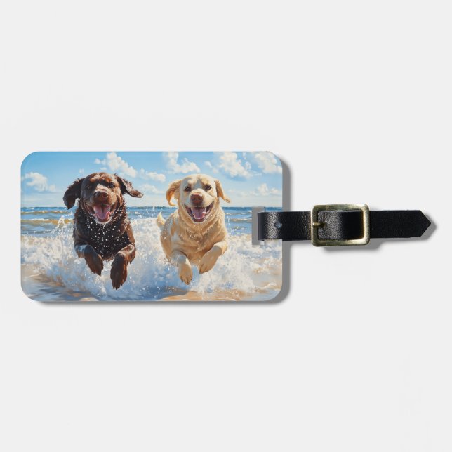 Two Labrador Retrievers on Beach Luggage Tag (Front Horizontal)