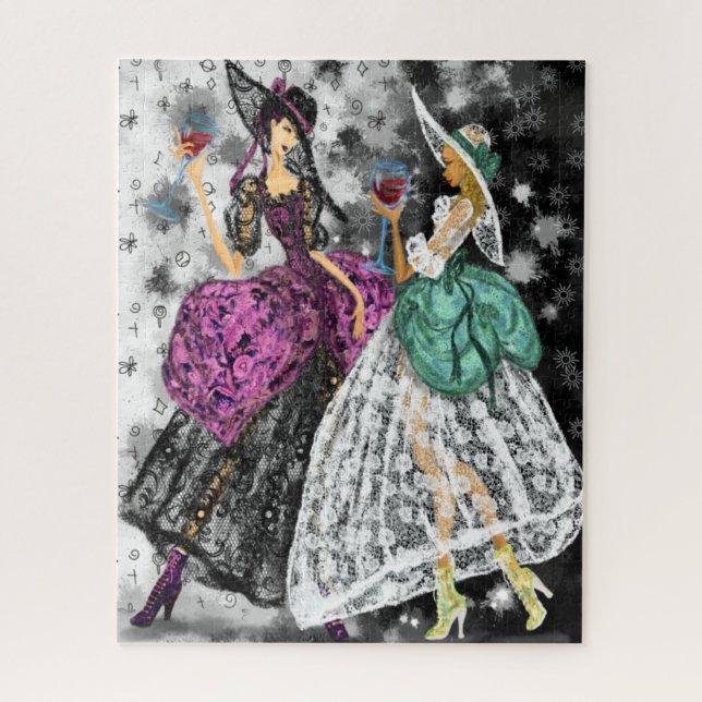 Two Ladies In Black and White Lace Dresses Fashion Jigsaw Puzzle (Vertical)