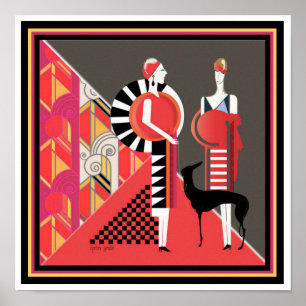 Two Ladies with a Dog Art Deco Poster 12 x 12