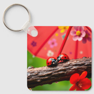 Two Ladybugs Resting on a Twig Key Ring