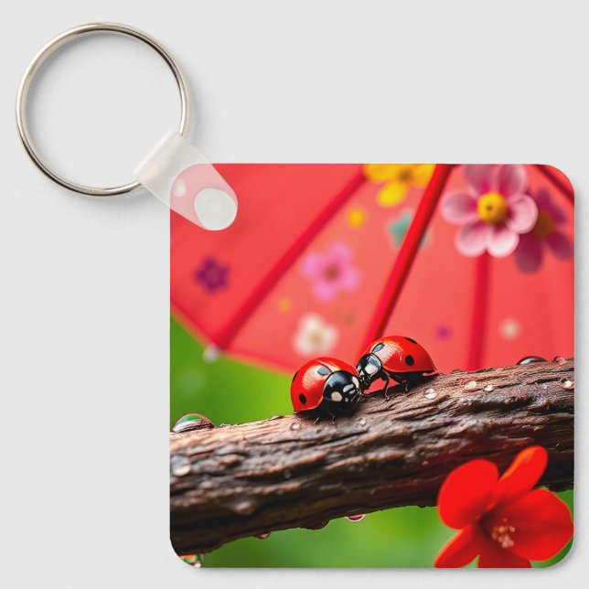 Two Ladybugs Resting on a Twig Key Ring (Front)
