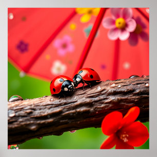 Two Ladybugs Resting on a Twig Poster