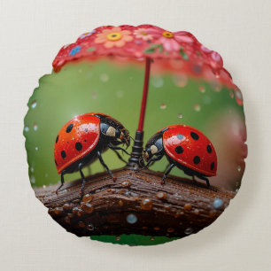 Two Ladybugs Sharing A Raindrop For Cosy Decor 🐞 Round Cushion