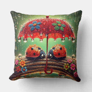 Two Ladybugs Under a Decorative Umbrella Cushion