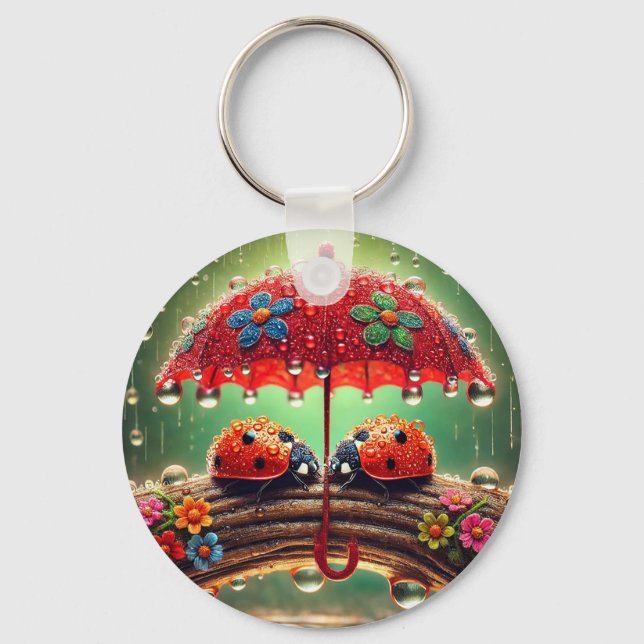 Two Ladybugs Under Umbrella For Lucky Accessories  Key Ring (Front)