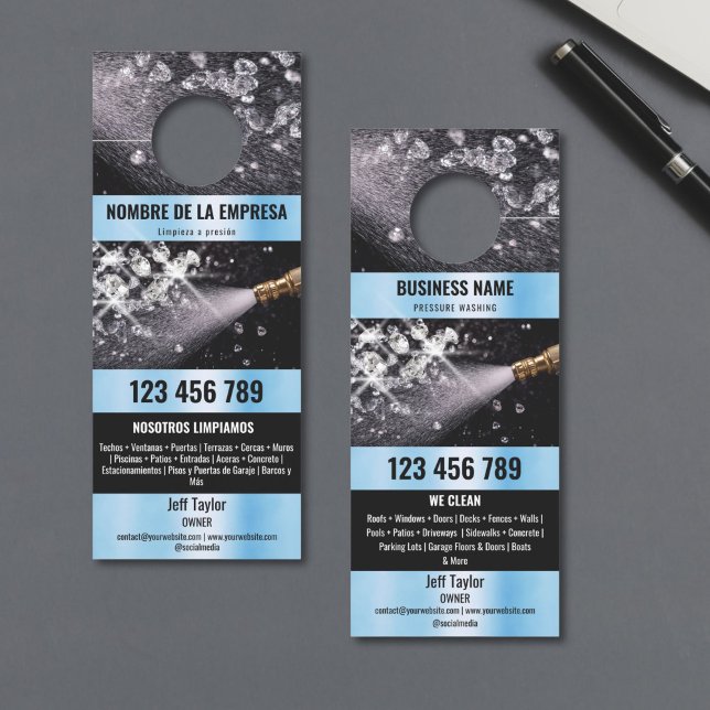 Two Languages Pressure Washing Power Washing Roof Door Hanger (wash pressure machine with diamonds in the water splash)