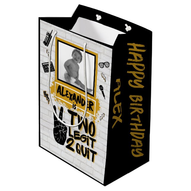Two Legit Retro 90's Hip Hop 2nd Birthday Photo Medium Gift Bag (Back Angled)